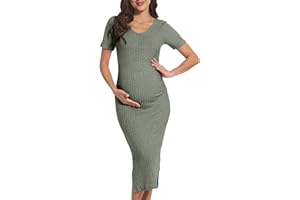 LAHILO V Neck Side Ruch Knit Ribbed Maternity Bodycon Dress，Maternity Dress for Baby Shower