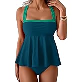 Aidonger Tankini Swimsuit for Women Color Block Tummy Control Two Piece Bathing Suit Slimming Swim Top with Bottom