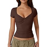 QINSEN Women's Sexy Twist Front V Neck T Shirts Double Lined Short Sleeve Slim Fit Crop Top Trendy Y2K Tops Tee