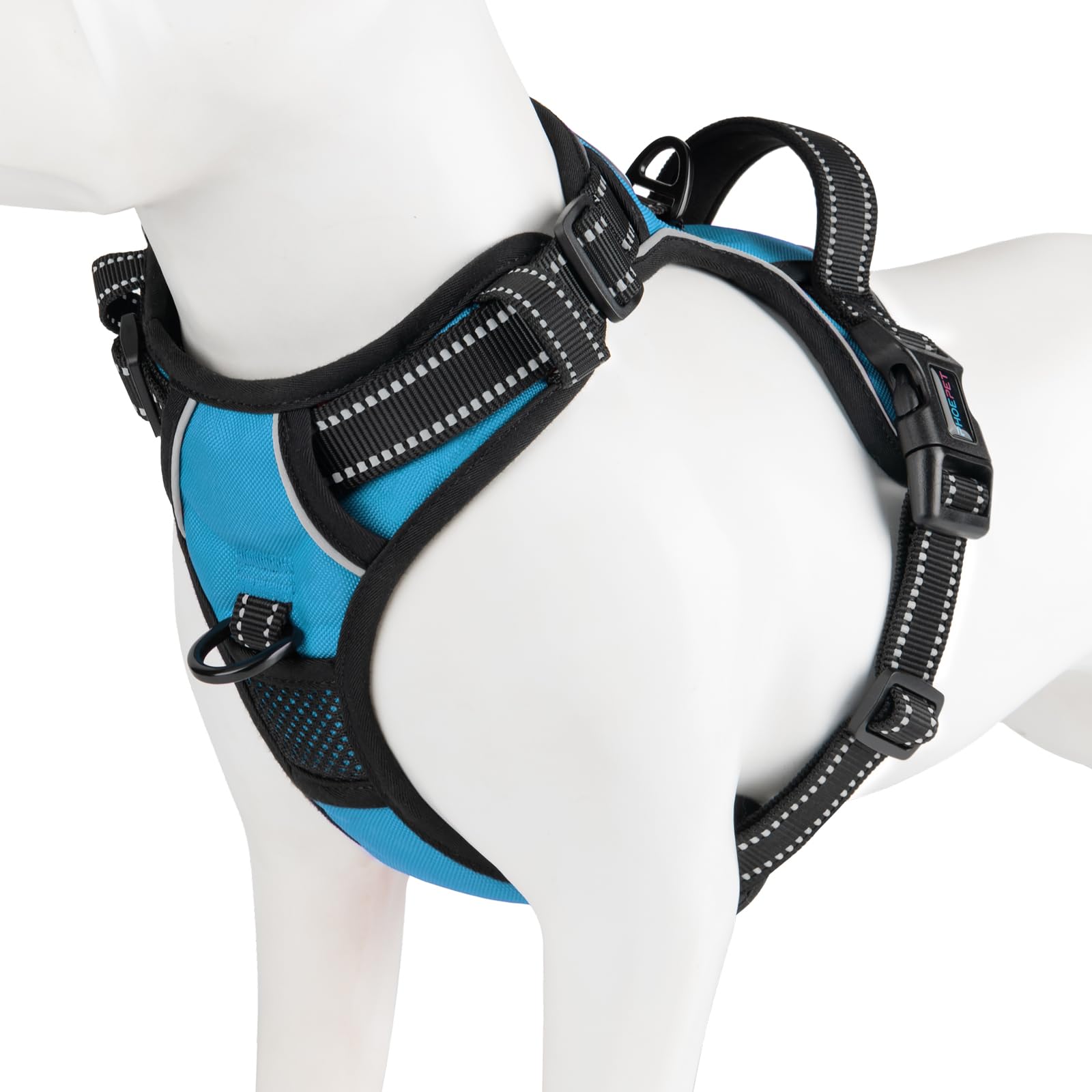 PHOEPET Reflective Dog Harness No Pull Large Breed Vest with 2 Metal Leash Attachment Hooks(L, Blue)