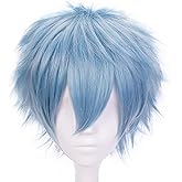 ANOGOL Hair Cap+Blue Anime Cosplay Wig Short Light Blue Wig Short Synthetic Hair Halloween Christmas Party Costume Event Anime Hero Wigs Peluca Azul Corta