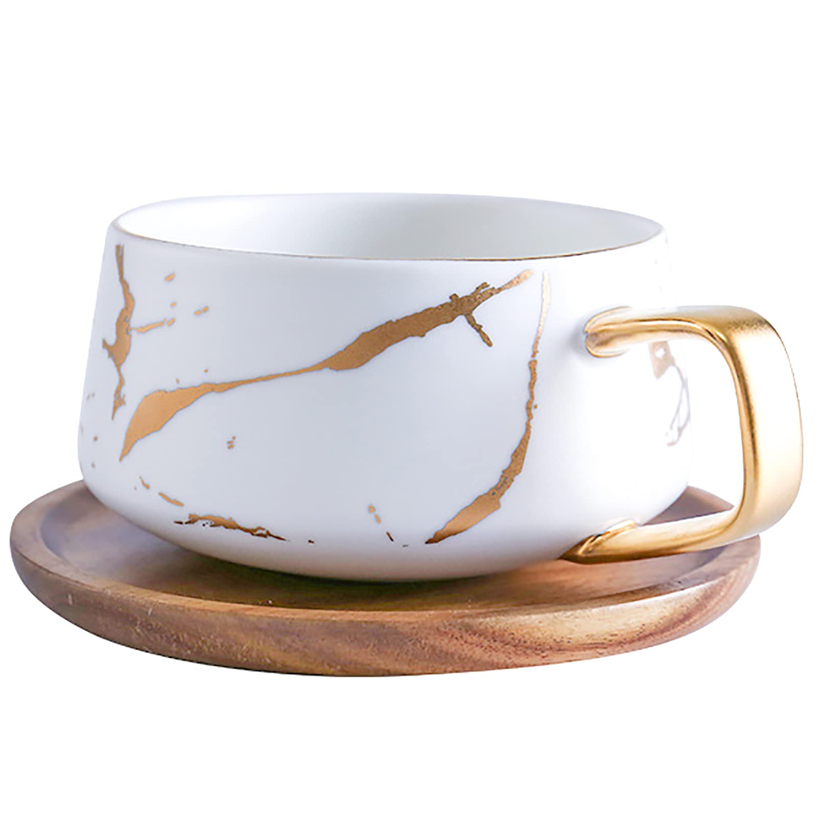 LUCCK 12oz Ceramic Marble Tea Cup with Wooden Saucer Ceramic Coffee Cup ...