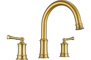 HANGORO Brushed Gold Roman Tub Faucet, Antique Bathtub Faucet Set 3 Hole, High Flow Bath Tub Faucet 12-16 inch Widespread, Solid Brass Tub Filler 2 Handle 360° Swivel Spout Rough-in Valve(B2307-BG)