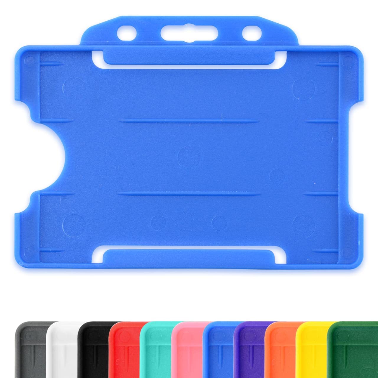 Blue Single-Sided Rigid Slide in Open Faced ID Card Badge Holders Horizontal/Landscape Identity Plastic Pass Protector - Holds a 86mm 54mm cr80 Credit Card Sized - Pack of 100 — image 1