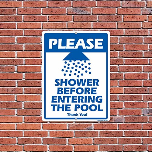 VictoryStore Yard Sign Outdoor Lawn Decorations: Please Shower Before Entering the Pool Aluminum Sign, Size 18 inch x 24 inch