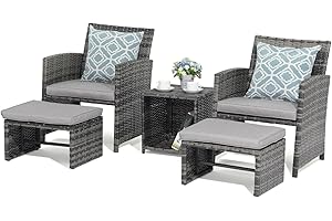 OC Orange-Casual 5 Piece Patio Furniture Set, Wicker Outdoor Conversation Chair and Ottoman Set with Coffee Table, Pillows Included, for Balcony, Porch, Deck, Light Grey