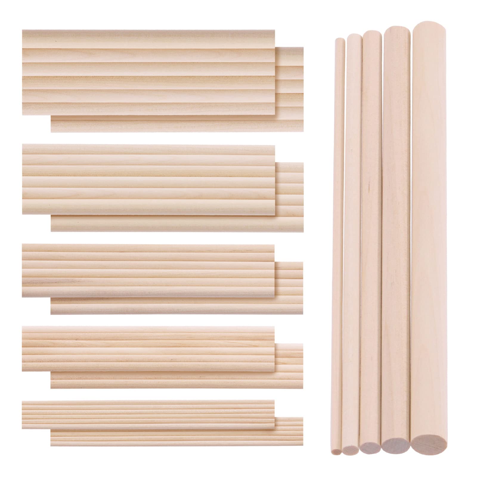Swpeet 160Pcs OD 1/8" 3/16" 1/4" 5/16" 3/8" Length 6Inch/150mm Wooden Dowel Rods Craft Wood Sticks Assortment Kit, Unfinished Dowel Small Round Hardwood Sticks
