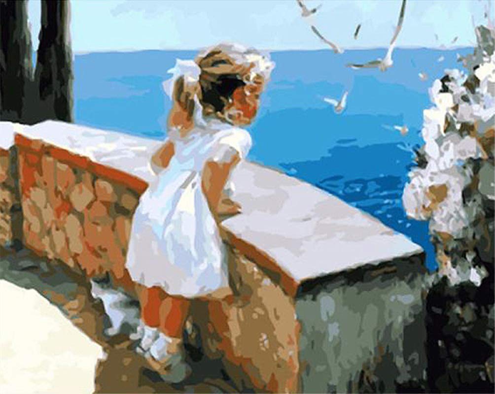 ABEUTY DIY Fabric Decorating Kits, Paint by Numbers Little Girl Watching The sea 16x20 inches Number Painting Wall Art (Girl, No Frame)