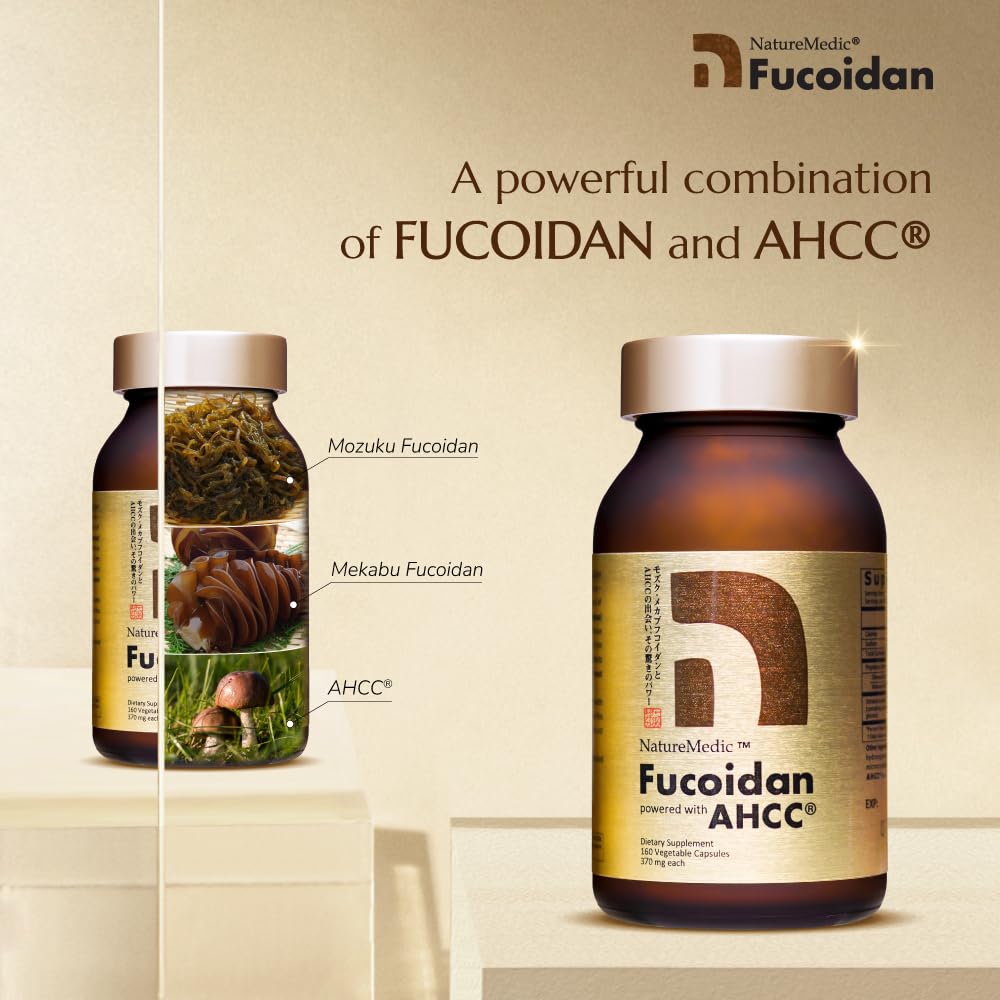 NatureMedic Fucoidan Powered with AHCC® Brown Seaweed Immunity Supplement with High Purity Organic Mekabu Mozuku Agaricus 1 Bottle - 160 Vegetable Capsules Made in Japan