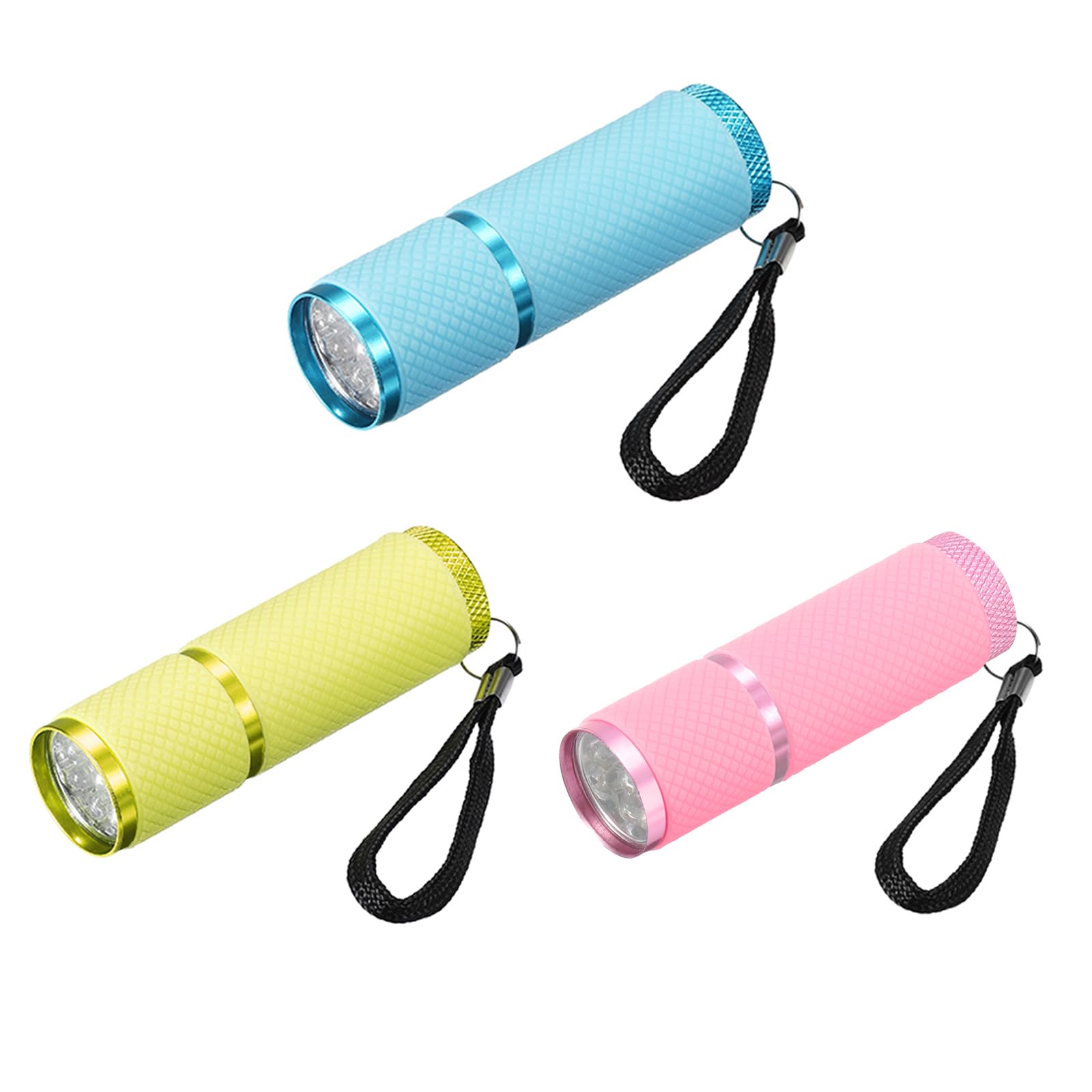 PATIKIL 9 LED Glow in Dark Flashlights, 3 Pcs Mini Aluminum Flashlight Rubber Coated Flashlight with Strap for Camping, Hiking, Party (Blue, Pink, Yellow)