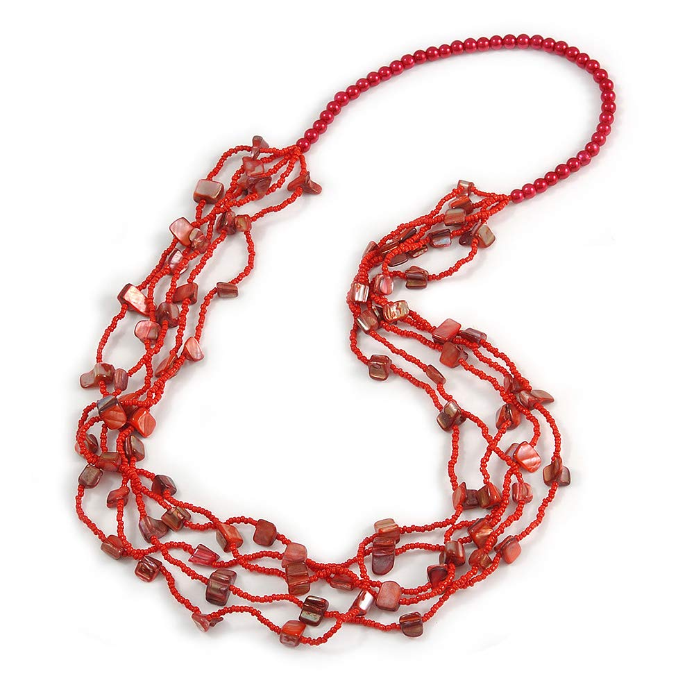 Avalaya Multistrand Red Shell/Glass Bead Long Necklace/ 76cm L