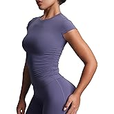 Aoxjox Women's Cap Sleeve T-Shirts Crew Neck Velura Ruched Tee Without Padded Workout PlushFlex™ Gym Yoga Crop Top