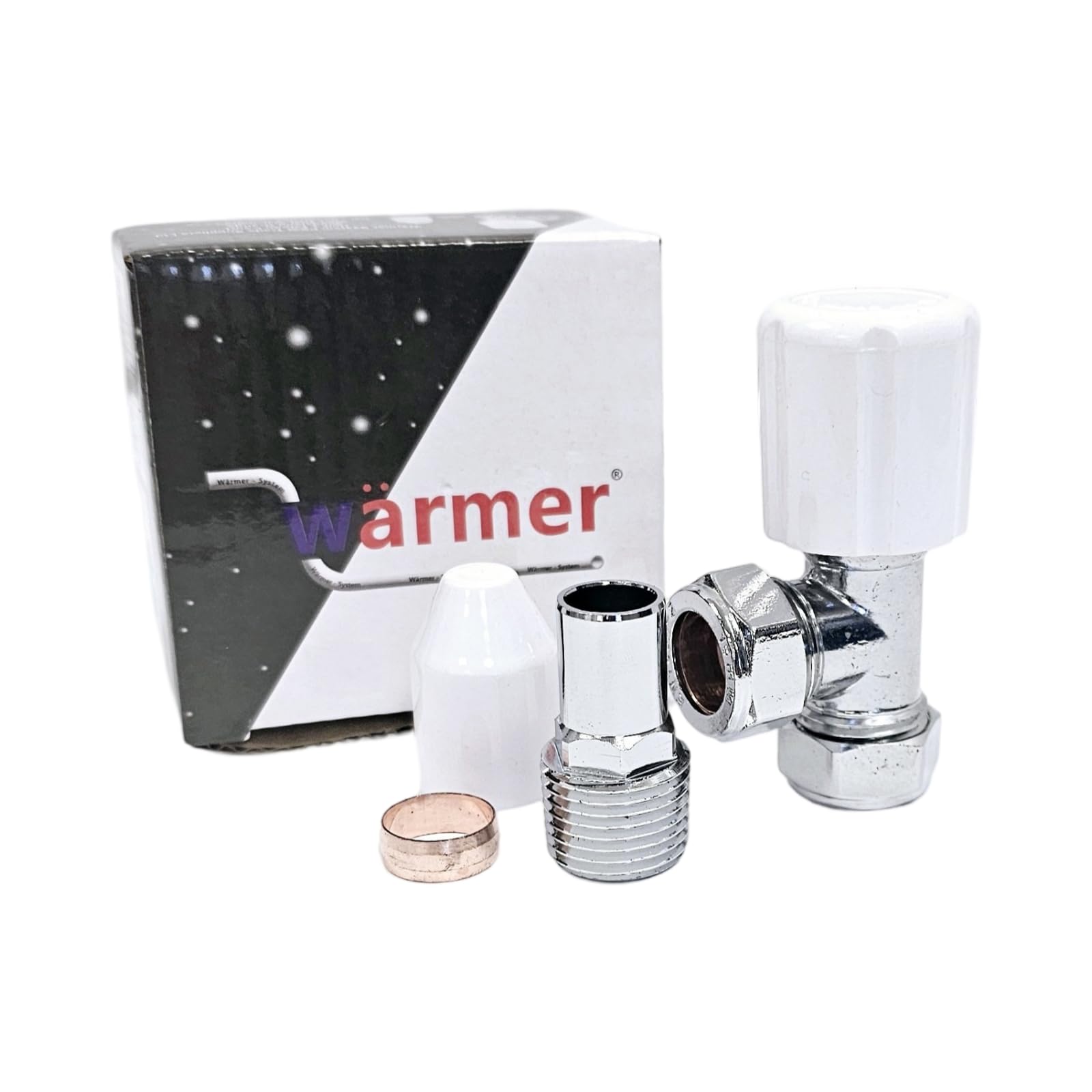 Wärmer System Angled Radiator Valve - White Lockshield Cap & Wheelhead Radiator Valve 15mm x 1/2 inch with Additional Olive