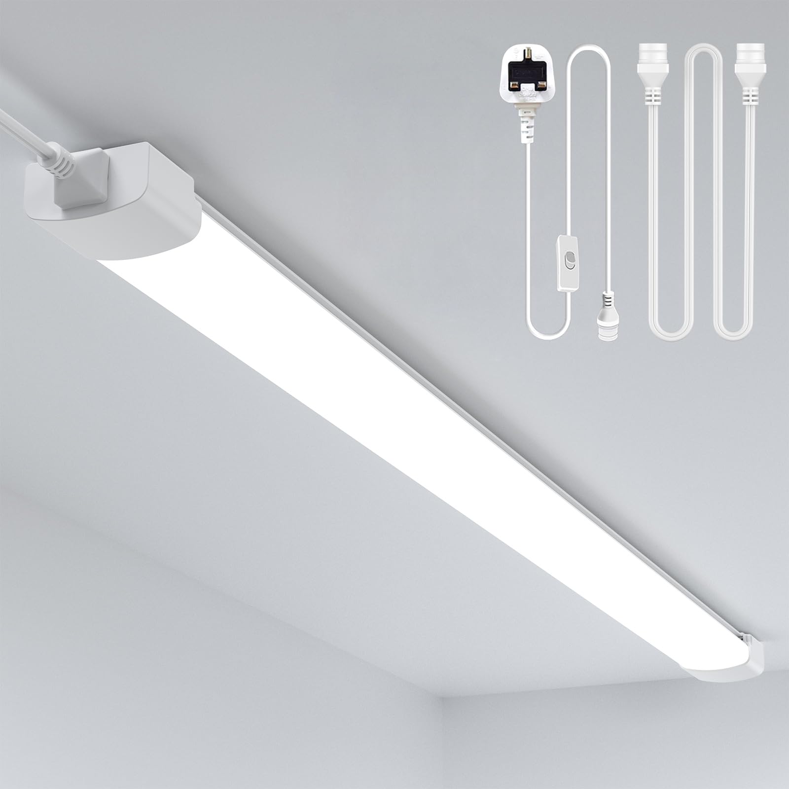 Amdelne Led Batten Light, 4FT 120CM, 36W Plug in Wall Light Shed Loft Light, IP65 Plug in Ceiling Light Strip for Garage Lighting, Office, Bedroom, Kitchen, Shed,Outdoor,Tube Light