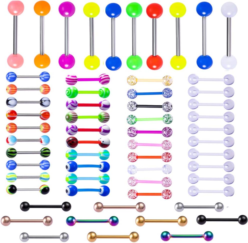 60Pcs Tongue Rings Piercing Assorted Colorful Acrylic Balls Stainless Steel Flexible Bar Tongue Piercing Barbells Body Piercing Jewelry
