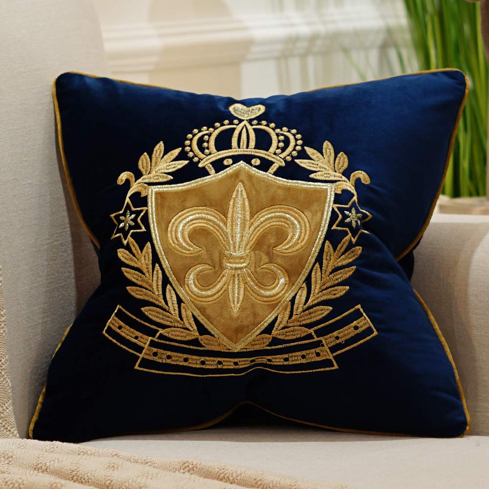 Photo 1 of Avigers 18 x 18 Inch Shield Embroidery Velvet Cushion Cover Luxury European Pillow Case Pillowcase Home Decorative for Sofa Chair Bedroom Throw Pillow, Navy Blue