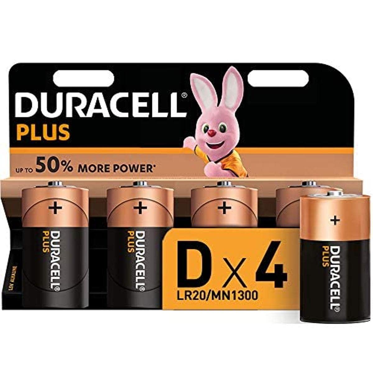 Duracell Plus Power Type D Alkaline Batteries, Pack of 4