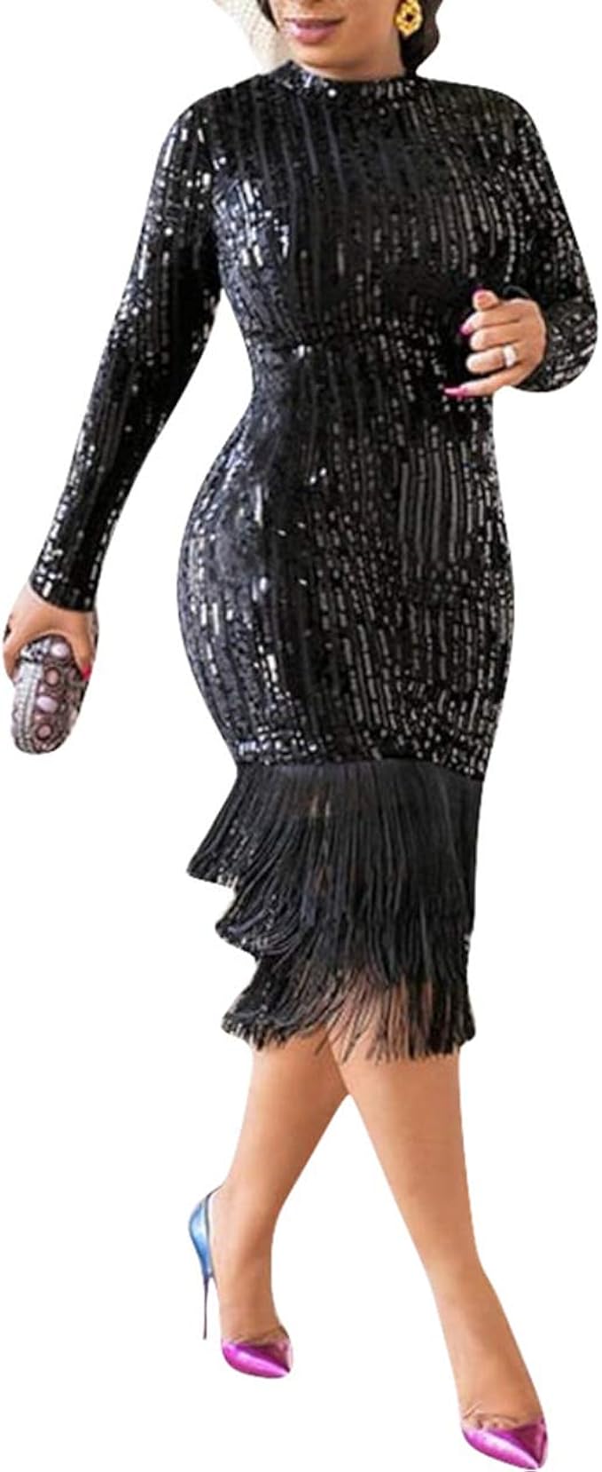 emerald green sequin long sleeve tassel hem bodycon dress