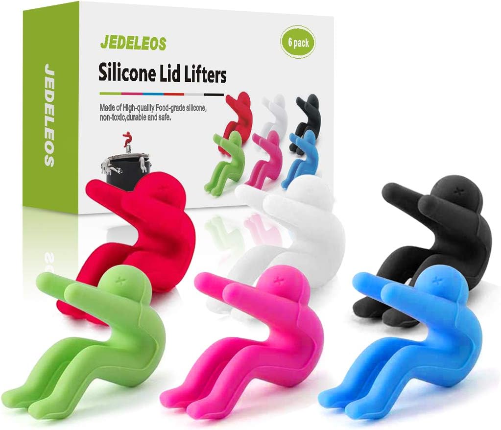 JEDELEOS Pot Lid Holders, Lid Sid Pot, Silicone Lid Lifters for Pots and Saucepan, Boil Over Stopper, Spill-proof Steam Releaser - Funny Kitchen Gadgets for Cooking (Pack of 6)