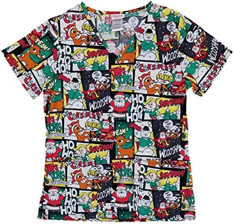 Women's Rudolph The Red-Nosed Reindeer Medical Scrub Shirt Top (Medium)