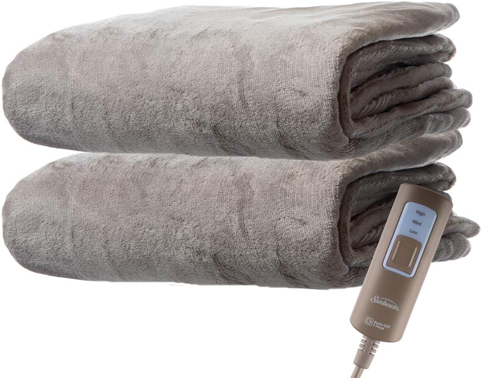 Sunbeam Premium Soft Electric Heated Throw Blanket Velveteen Plush, Washable with 3 Heat Settings and Auto Shut-Off, (Beige)