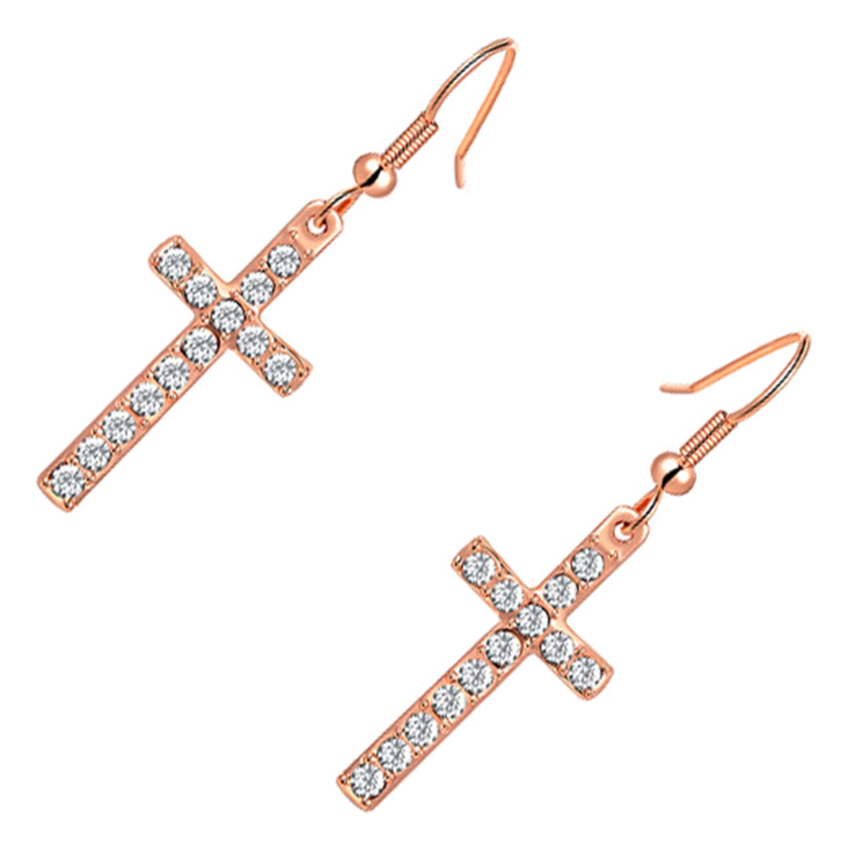 GWG Jewellery Drop Earrings 18K Rose Gold Coated Cross Adorned with Brilliant Clear Stones in Gift Box for Women