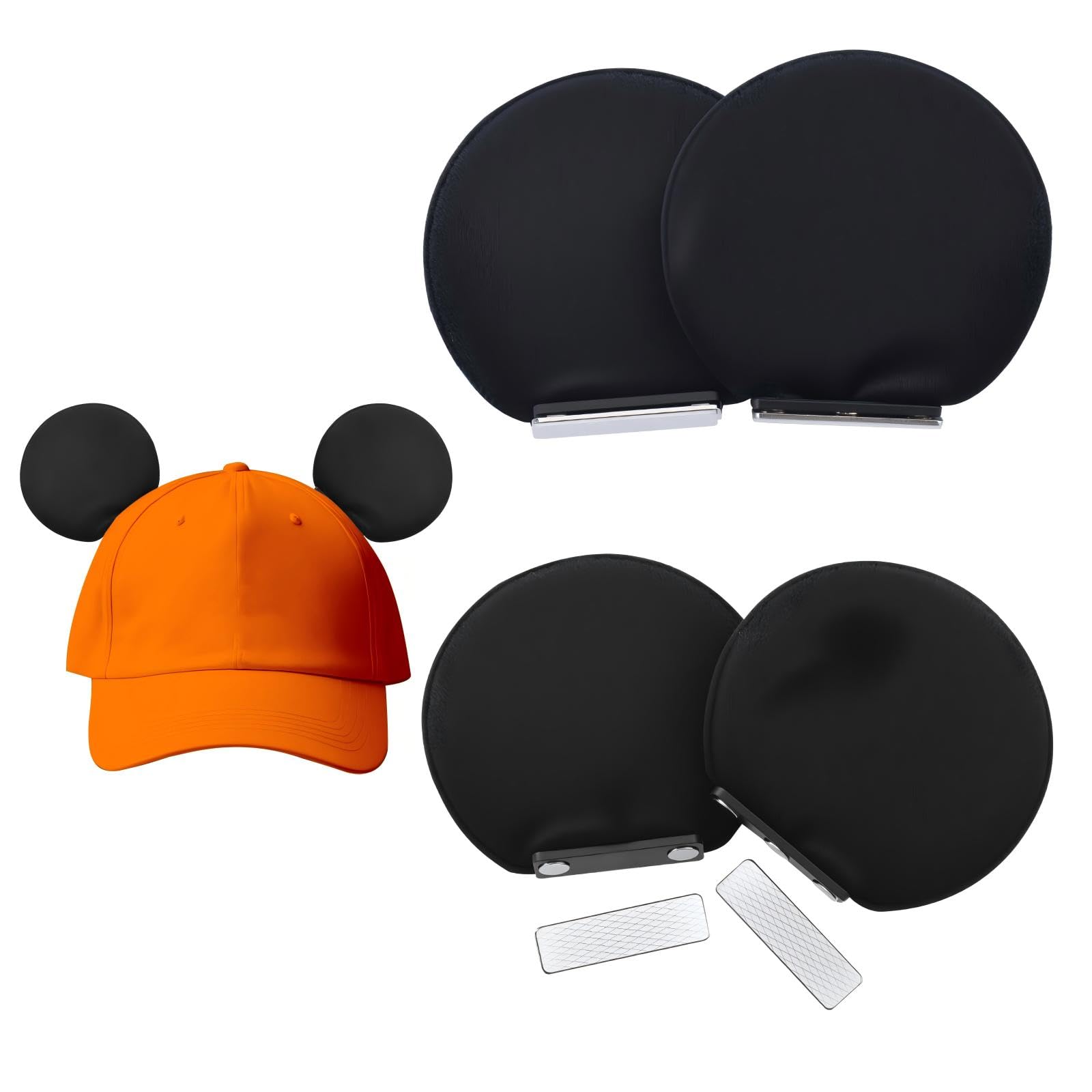 4 Pcs Magnetic Mouse Ears for Hats, Removable Magnet Minni Ear for Cap, Interchangeable Mouse Ears for Baseball Hat, Clip-On Hat Accessory, Adults and Kids, for Theme Parks Halloween Christmas Black