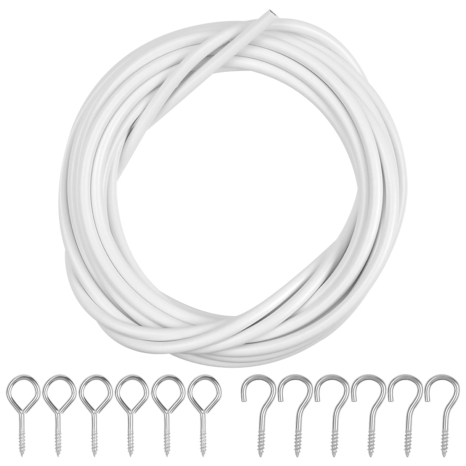 Chstarina Curtain Wire 10M Curtain Cable Net Curtain Wire with Hooks and Eyes White Net Curtain Rod Window Net Curtain Kit,10 Pairs Curtain Hooks Curtain Rail Wire Cord for Window Curtain Rod