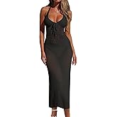 BreathSunny Womens Crochet Sheer Knit Slim Fit Beach Midi Dress Summer 2025 Sexy Halter Backless Slit Bathing Suit Cover Up