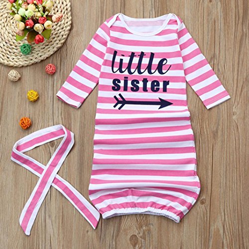 Makaor 2Pcs Newborn Pajamas Gown Outfits Set Letter Stripe Long Sleeve Gown+Headband/Hat Sleeping Swaddle Wrap By (Size:Bust:50cm/19.7" Length:65cm/25.6", Pink) - Thumbnail 4