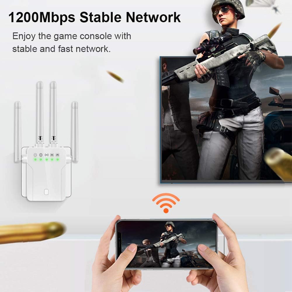 WiFi Repeater - WiFi Booster,Signal Extender,Coverage Up to 2500 sq.ft,1200 Mbps 2.4 & 5GHz Wireless Internet Amplifier - Covers 20 Devices with 4 External Advanced Antennas: Computers & Accessories
