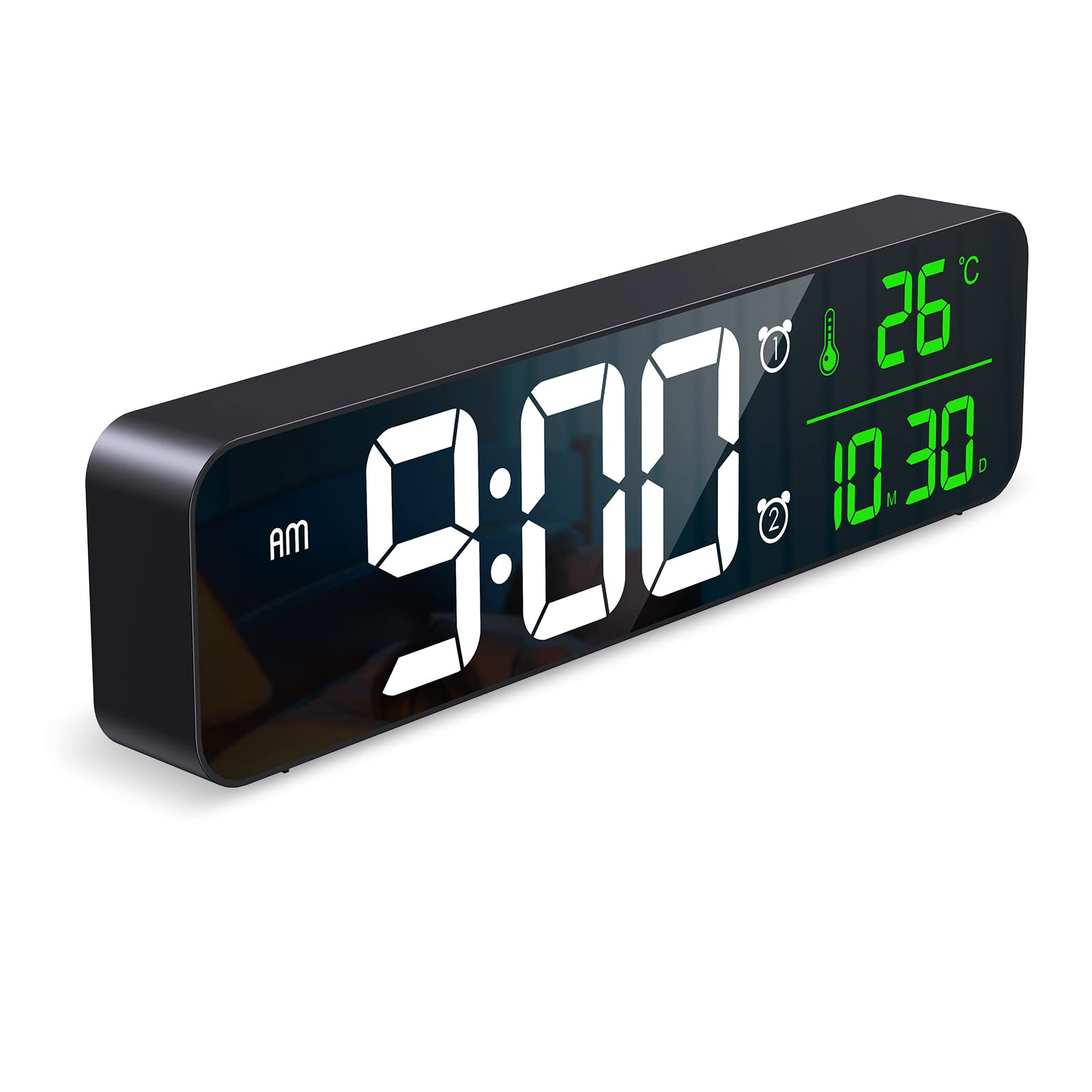 Ankilo Digital Clock Large Display, Wall Living Room Temp & Date Display Electronic Clocks, LED Mirror 40 Music, 2 Alarm, 6 Brightness Dimmer, 4 Volume