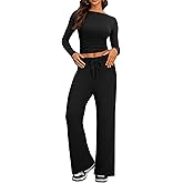 Cozy 2 Piece Lounge Sets for Women, Side Ruched Long Sleeve Top & Wide Leg Pants Casual Matching Tracksuit for Home & Travel