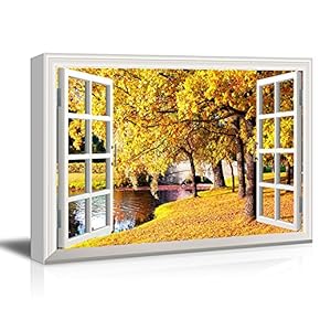 Window View Canvas Wall Art - Trees with Yellow Leaves in The Park During The Fall Season - Giclee Print Gallery Wrap Modern Home Art Ready to Hang - 12x18 inches