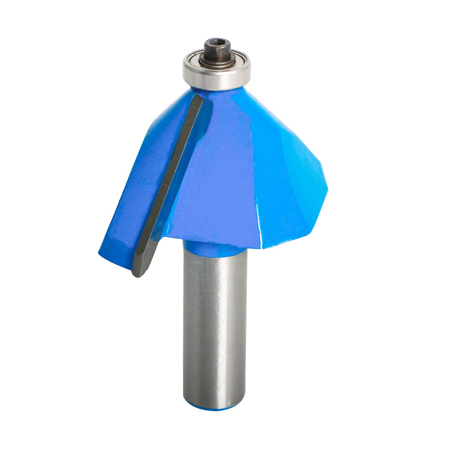 Aopin 45 Degree Chamfer Edge Forming Router Bit 1/2-Inch Shank, Top Bearing Bevel Edge Forming Router Bits Cutter Woodworking Tool, Blue, Silver, 1Pcs