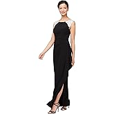 Alex Evenings Womens Long Jersey Dress with Ruched Front and Embellished Neckline (Petite and Regular Sizes)