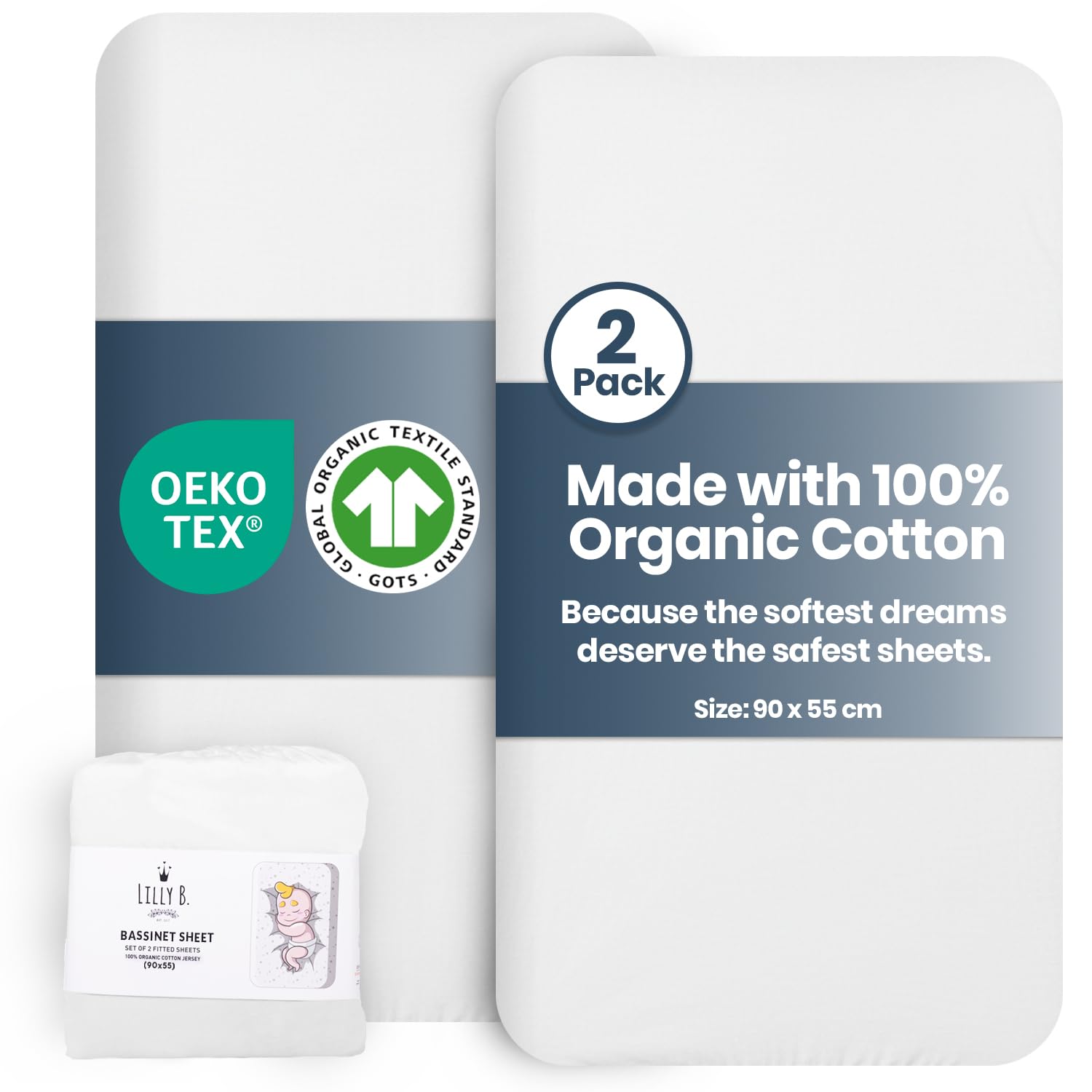 Lilly Belly - Next to me Crib Sheets - 100% Organic Cotton - 135 GSM Jersey Cotton Fitted Crib Sheets - Soft & Cozy Bedside Crib Fitted Sheets - 90 x 55 cm Pack of 2 - White