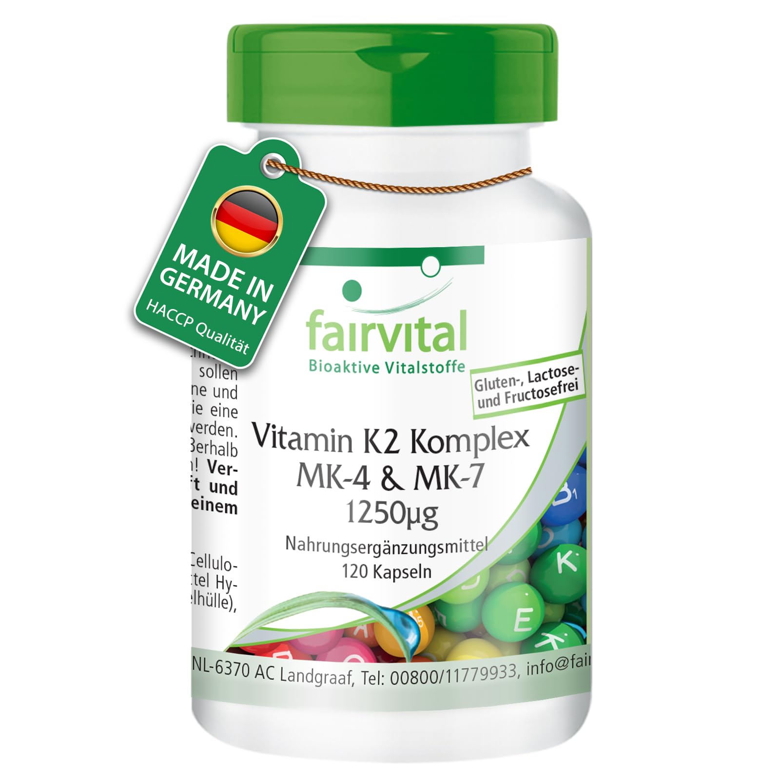 Fairvital | Vitamin K2 MK-4 & MK-7 Complex 1250mcg - Bulk Pack for 4 Months - Vegan - HIGH Dosage - 120 Capsules