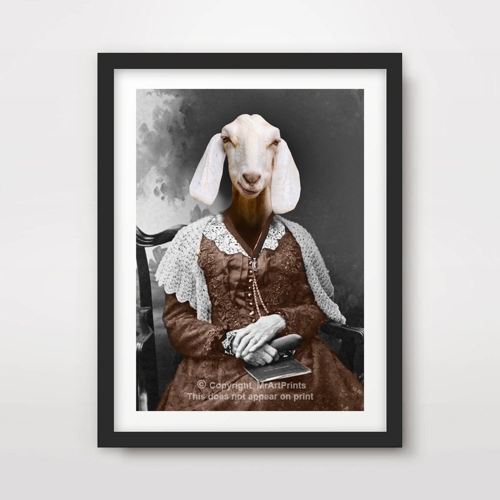 GOAT QUIRKY ANIMAL HEAD PORTRAIT Art Print Poster Home Decor Wall Picture Human Body Eccentric Bizarre Funny Vintage Odd Bizarre Unusual A4 A3 A2 (10 Sizes)