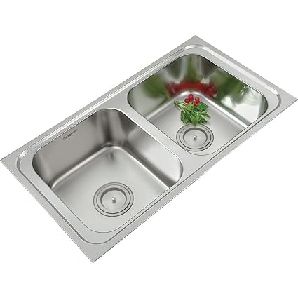 ANUPAM Stainless Steel 304 Grade Satin/Matt Finish Double Square Bowl Kitchen Sink (915 x 510 x 200 mm/36 x 20 x 8-inch)