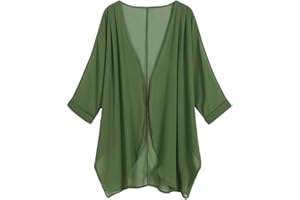 olrain Women's Floral Print Sheer Chiffon 3/4 Bat Sleeve Casual Loose Kimono Cardigan Capes