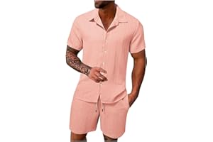 Men Cotton Linen Sets 2026 Summer Lounge 2 Piece Outfits Short Sleeve Button Down Shirts and Shorts Set Beach Vacation Outfit
