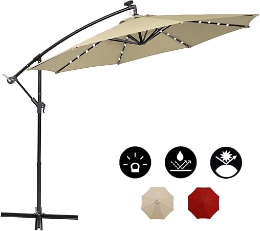 Amazon Com Mf Studio 10ft Solar 32 Led Lighted Offset Hanging Market Patio Umbrella With 8 Ribs Cross Base For Garden Deck Backyard Beige Clothing