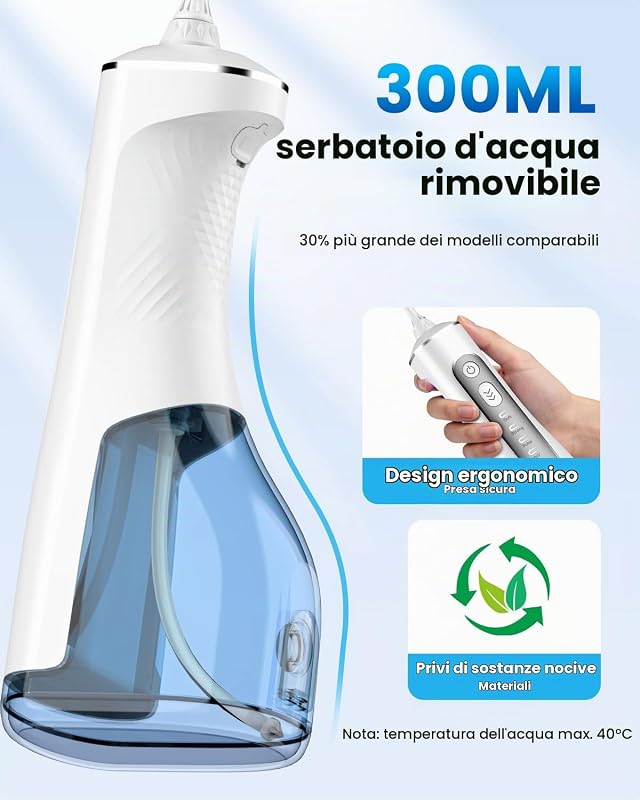 Irrigatore Orale Senza Fili, 300 ML Idropulsore Dentale Portatile, 3+1 Modalità Professionale Elettrico Water Flosser per Pulizia Denti, Impermeabile IPX7 per Viaggi a Casa di salute orale（Bianco）