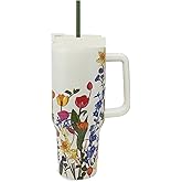 Vera Bradley 40 Ounce Double Wall Stainless Steel Insulated Tumbler with Handle and Straw, Meadow Bouquet Seedpearl Pattern, 40 oz Cup, Metal Tumbler for Hot or Cold Drinks