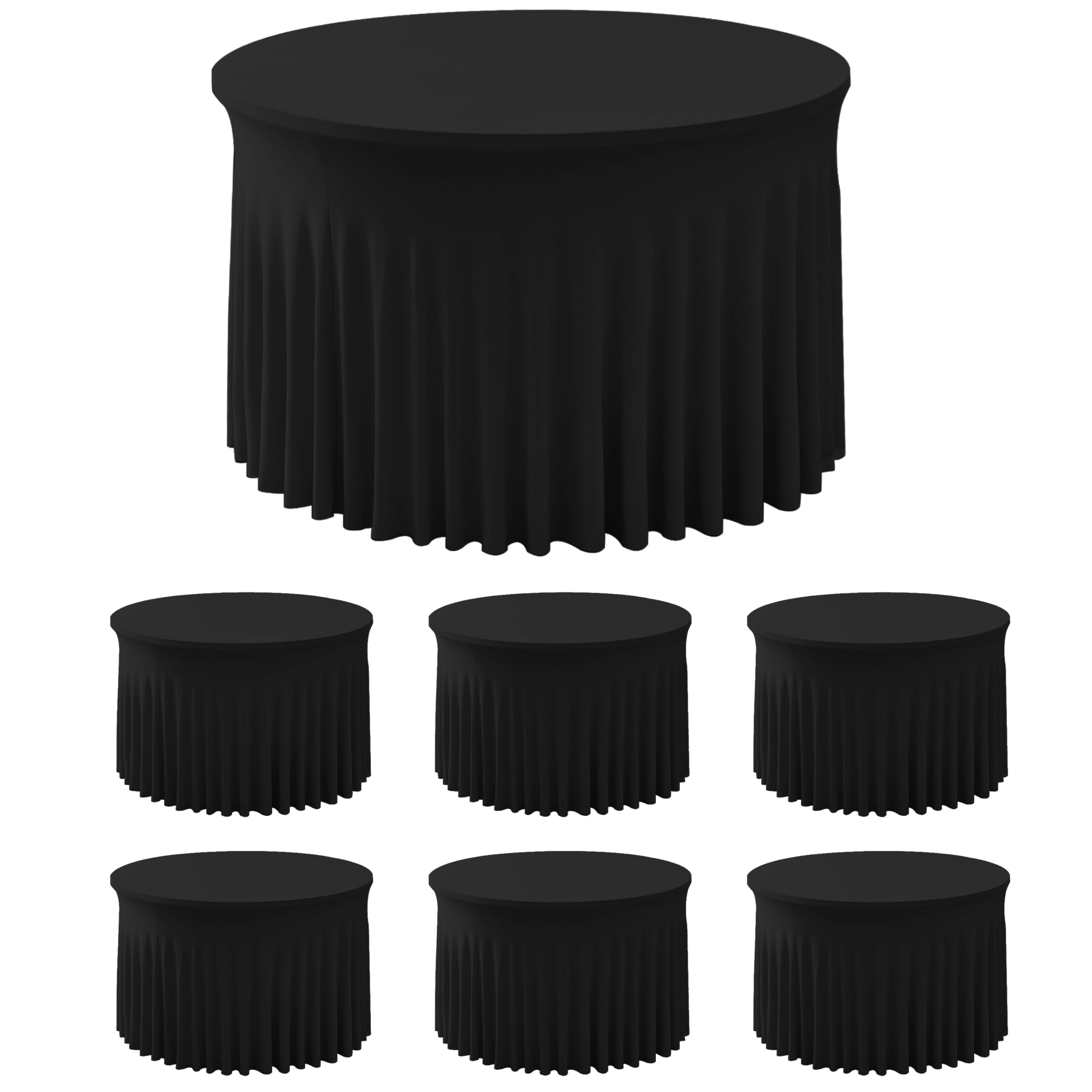 Photo 1 of HolidayIdeas 6 Pack Spandex Table Skirt for 60 Inch Round Tables, Black Fitted Stretch Tablecloth for 5 Ft Circular Tables, Wrinkle Resistant Ruffle Design for Wedding Banquets, Parties