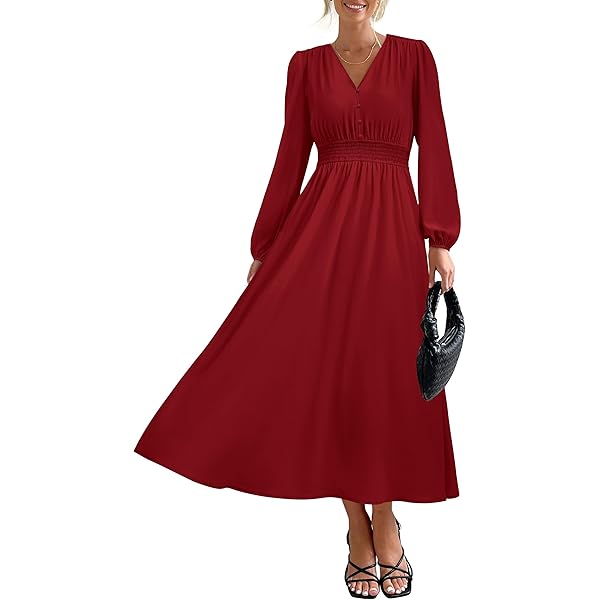 PRETTYGARDEN Long Sleeve Dress for Women Fall V Neck Tiered A Line Spring  Elegant Modest Flowy Wedding Guest Maxi Dresses (Jujube Red,Small) at  Amazon Women's Clothing store