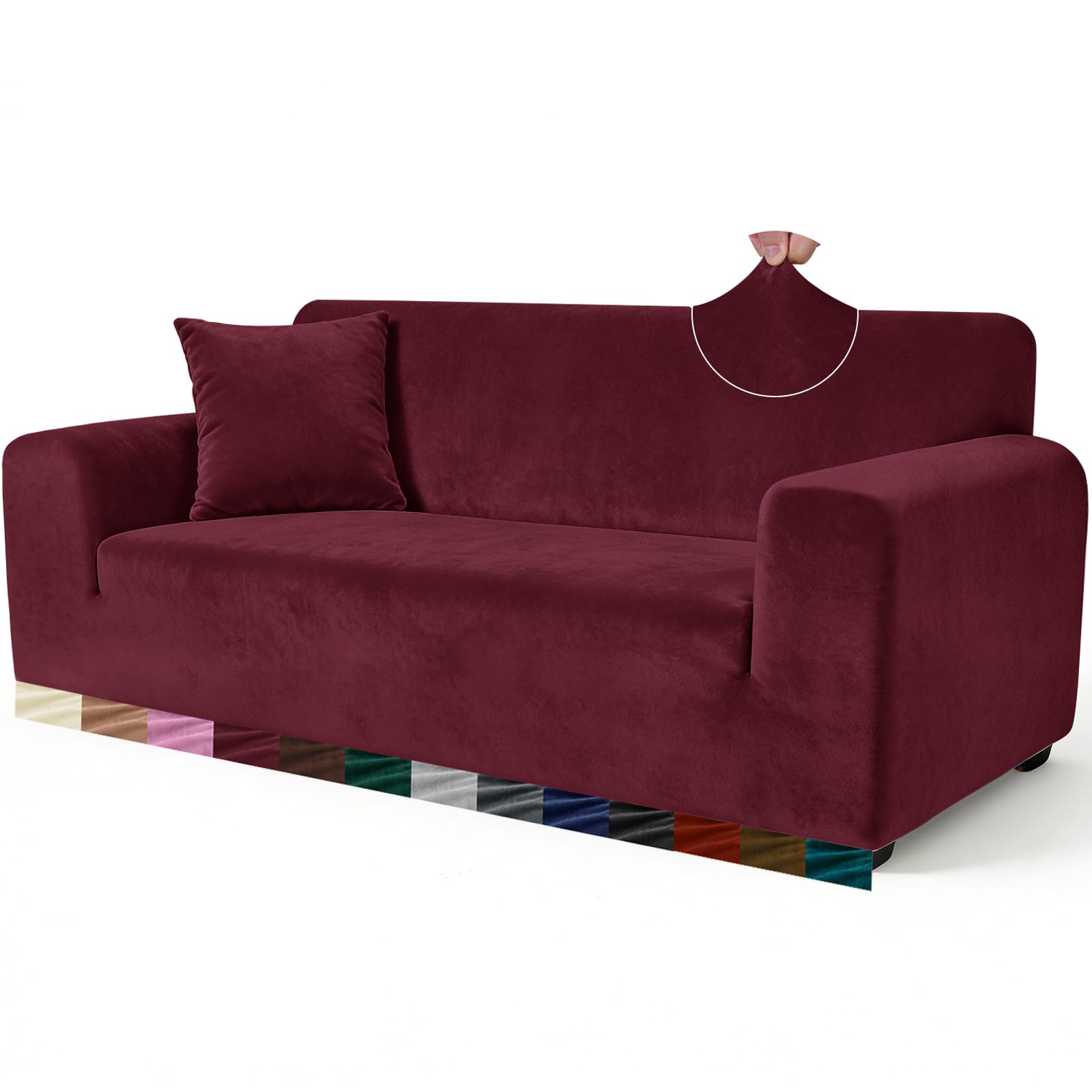 Yeahmart Thick Velvet Sofa Covers 2 Seater - Premium Stretch Couch Cover Loveseat Slipcover - Soft Furniture Protector for Pets - Includes Foam Rods for Non-Slip Fit - Machine Washable, Red