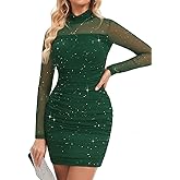 Meetjen Women's Ruched Bodycon Dress Sheer Mesh Long Sleeve Mock Turtleneck Sexy Sequin Mini Cocktail Club Party Dresses