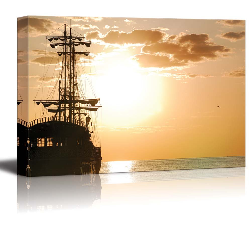 Canvas Prints Wall Art - Pirates Ship at Sea in Horizontal Orientation at Sunset | Modern Wall Decor
